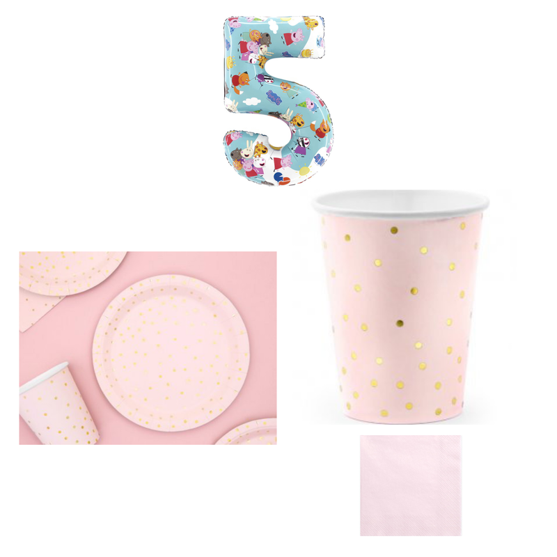 5-årskalas, Greta Gris-sifferballong och rosa dukning, kalaspaket, 6 gäster – sammansatt bild av paketets produkter