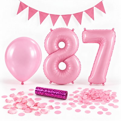 87-års festpaket, Rosa, Stor – paketets dekorationer på vit bakgrund