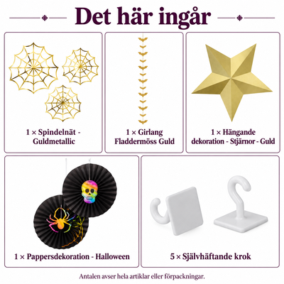 Det här ingår: Guldgotisk mantel – spindelnät, stjärnor och fladdermöss