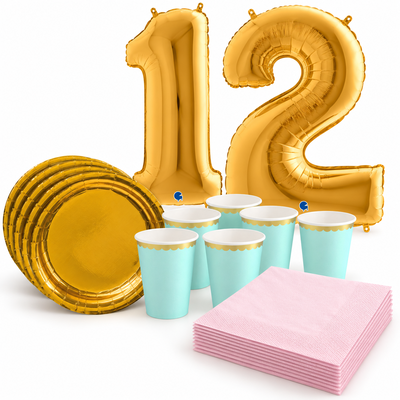 12-årskalas, Mint, rosa och guld, kalaspaket, 6 gäster – samlat paketinnehåll