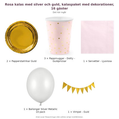 Rosa kalas med silver och guld, kalaspaket med dekorationer, 16 gäster – innehåll och antal förpackningar