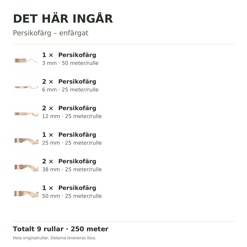 Det här ingår – Satinbandspaket – Persikofärg – 9 rullar