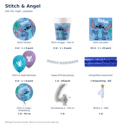 Stitch & Angel – 4-årskalas – kalaspaket för 8 gäster – innehåll och antal