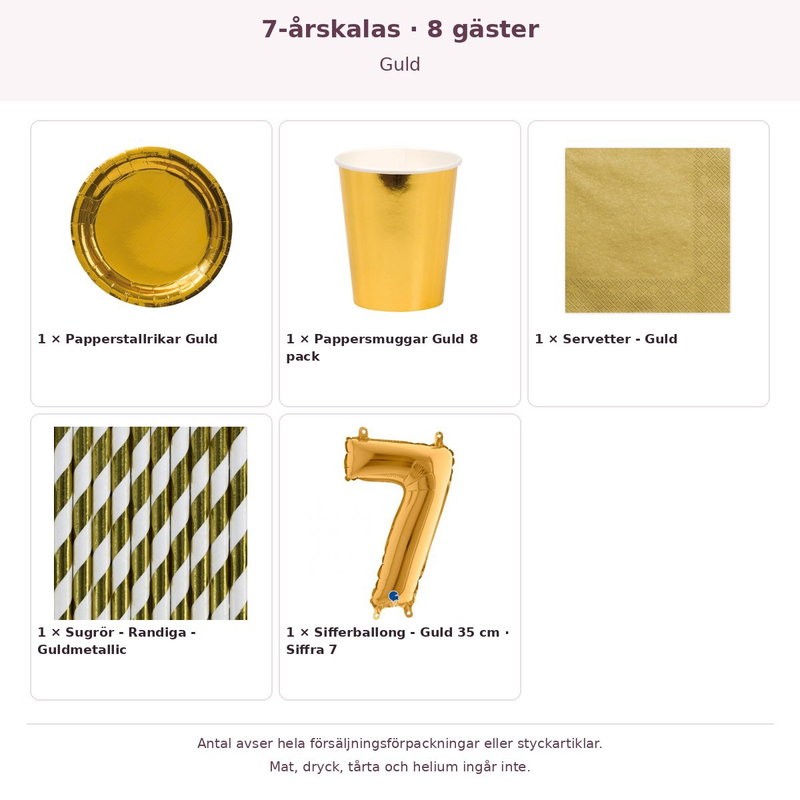 7-årskalas, Guld, kalaspaket, 8 gäster – innehåll och antal förpackningar