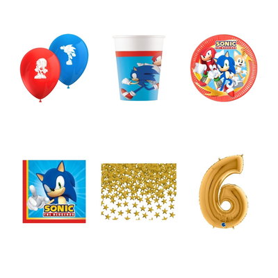 6-årskalas, Sonic, kalaspaket, 8 gäster – paketets produkter med sifferballong 100 cm