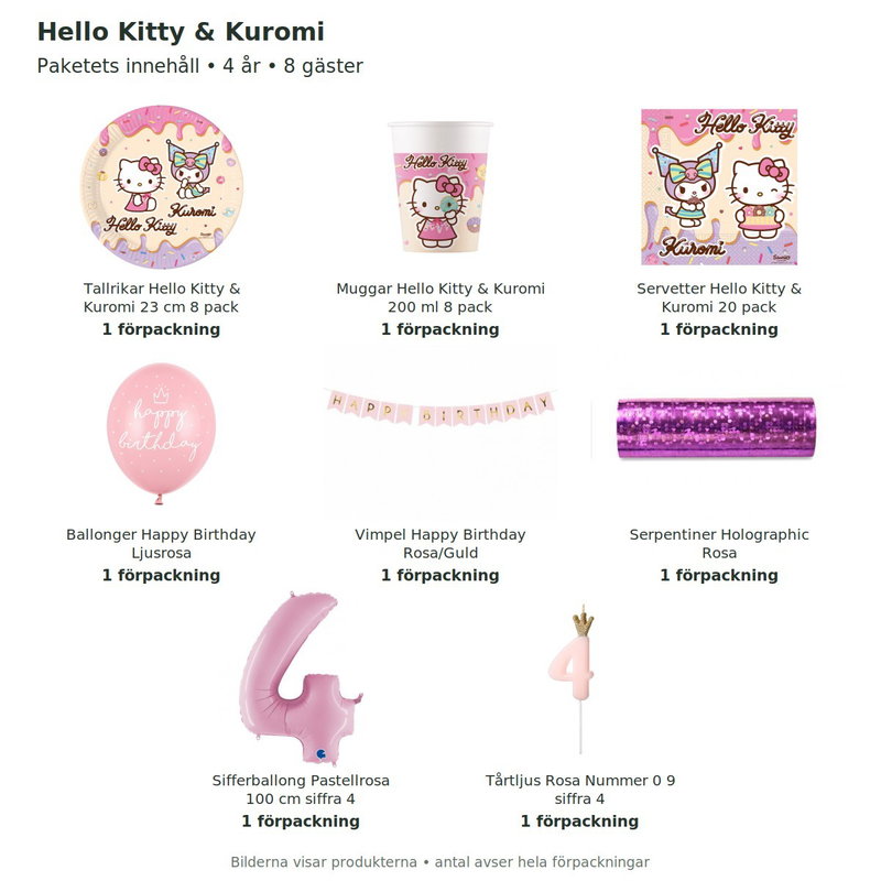 Hello Kitty & Kuromi – 4-årskalas – kalaspaket för 8 gäster – innehåll och antal