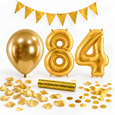84-års festpaket, Guld, Stor – paketets dekorationer på vit bakgrund