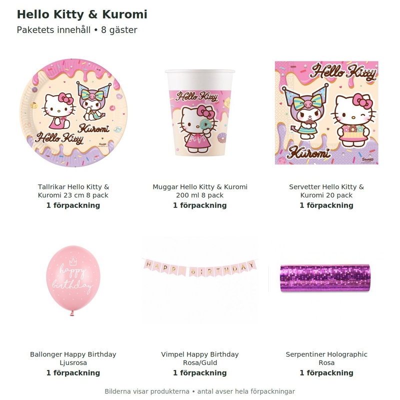 Hello Kitty & Kuromi – kalaspaket med dekorationer för 8 gäster – innehåll och antal