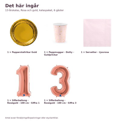 13-årskalas, Rosa och guld, kalaspaket, 6 gäster – innehåll och antal, sifferballong 100 cm