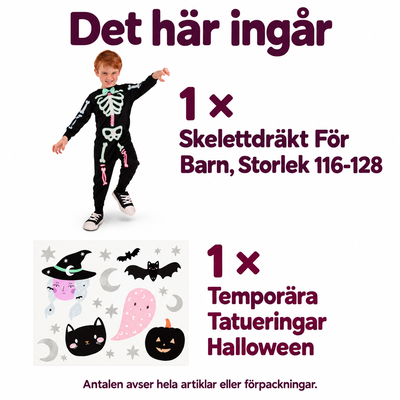 Barnets skelettpaket – dräkt och tatueringar – innehåll och antal