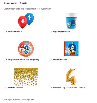 4-årskalas, Sonic, kalaspaket, 8 gäster – innehåll och antal förpackningar