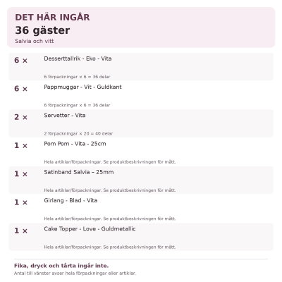 Dop – salvia och vitt – fikadukning & dekorationer, 36 gäster – innehåll och antal