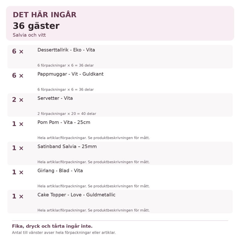 Dop – salvia och vitt – fikadukning & dekorationer, 36 gäster – innehåll och antal