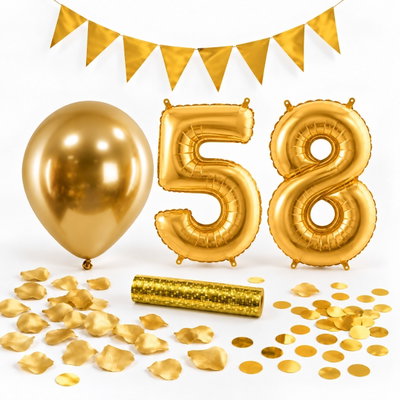 58-års festpaket, Guld, Stor – paketets dekorationer på vit bakgrund