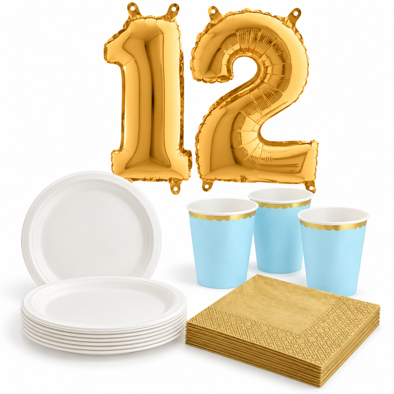 12-årskalas, Ljusblått och guld, kalaspaket, 6 gäster – paketets innehåll