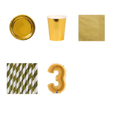 3-årskalas, Guld, kalaspaket, 8 gäster – paketets produkter med sifferballong 100 cm