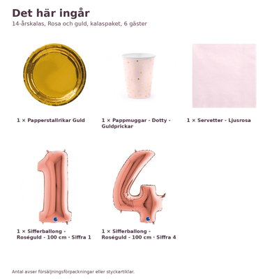 14-årskalas, Rosa och guld, kalaspaket, 6 gäster – innehåll och antal, sifferballong 100 cm