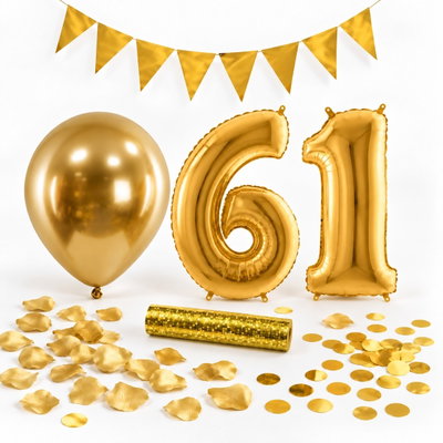 61-års festpaket, Guld, Stor – paketets dekorationer på vit bakgrund