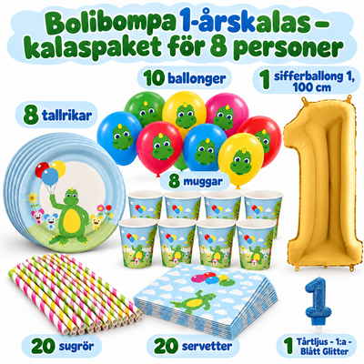 Bolibompa 1-årskalas – kalaspaket för 8 personer – paketets innehåll och antal