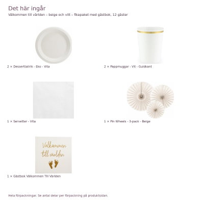 Välkommen till världen – beige och vitt – fikapaket med gästbok, 12 gäster – innehåll och antal förpackningar
