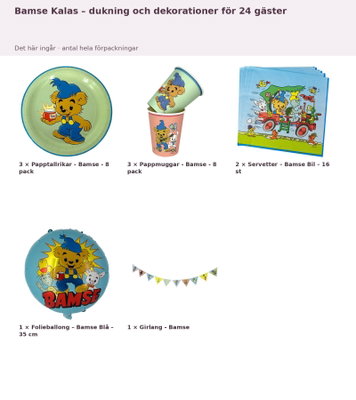 Bamse Kalas – dukning och dekorationer för 24 gäster – innehåll och antal