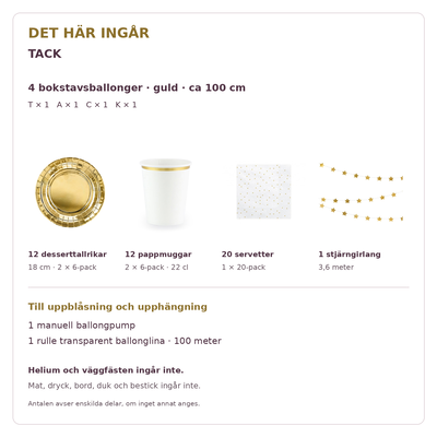 Innehåll och exakta antal – TACK, 100 cm bokstäver och dukning för 12