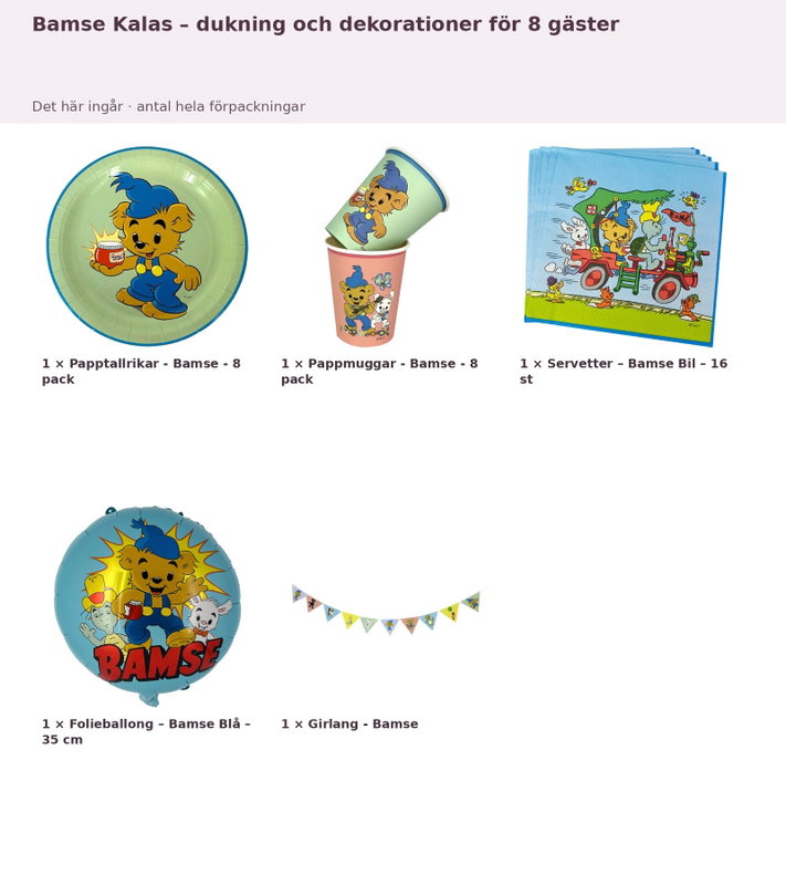 Bamse Kalas – dukning och dekorationer för 8 gäster – innehåll och antal