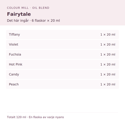 Paketinnehåll: 1 × Tiffany 20 ml, 1 × Violet 20 ml, 1 × Fuchsia 20 ml, 1 × Hot Pink 20 ml, 1 × Candy 20 ml, 1 × Peach 20 ml