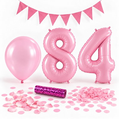 84-års festpaket, Rosa, Stor – paketets dekorationer på vit bakgrund