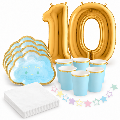 10-årskalas, Pyjamasparty – moln och stjärnor, kalaspaket, 6 gäster – samlat paketinnehåll