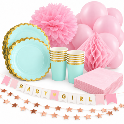 Babyshower flicka – mint och rosa – fika och dekorationer, 12 gäster – samlat paketinnehåll