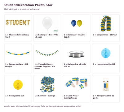 Studentdekoration Paket, Stor – innehåll och antal förpackningar