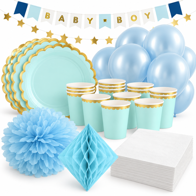 Babyshower pojke – mint och blått – fika och dekorationer, 12 gäster – samlat paketinnehåll