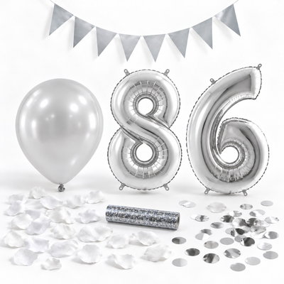 86-års festpaket, Silver, Stor – paketets dekorationer på vit bakgrund