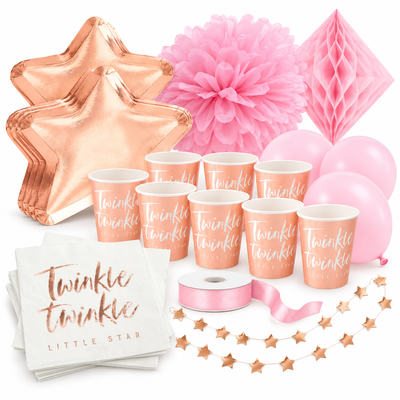 Dop flicka – roséguld och rosa – fika och dekorationer, 12 gäster – samlat paketinnehåll