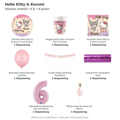 Hello Kitty & Kuromi – 6-årskalas – kalaspaket för 8 gäster – innehåll och antal