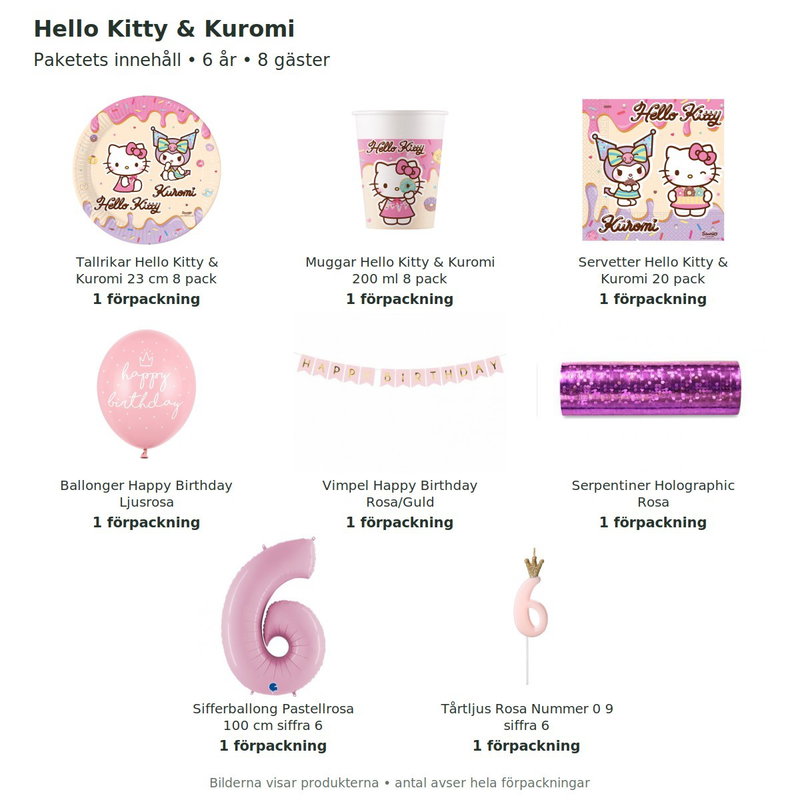 Hello Kitty & Kuromi – 6-årskalas – kalaspaket för 8 gäster – innehåll och antal