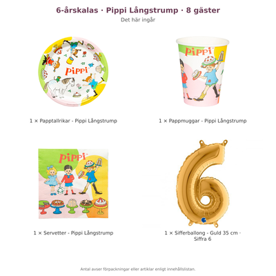 6-årskalas, Pippi Långstrump, kalaspaket, 8 gäster – innehåll och antal förpackningar