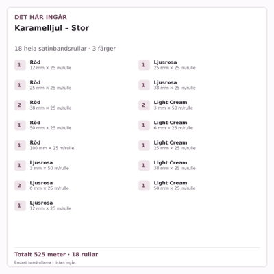 Det här ingår – Satinbandspaket – Karamelljul – Stor – 18 rullar