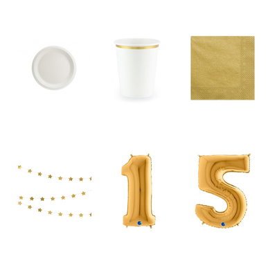 15-årskalas, Middagsfest – vitt och guld, kalaspaket, 6 gäster – paketets produkter med sifferballong 100 cm