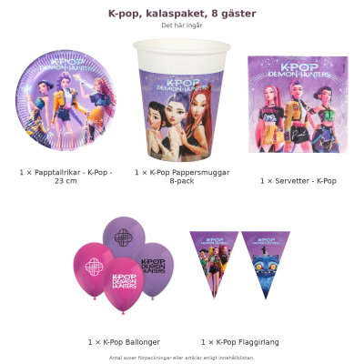 K-pop, kalaspaket, 8 gäster – innehåll och antal förpackningar