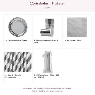 11-årskalas, Silver, kalaspaket, 8 gäster – innehåll och antal förpackningar