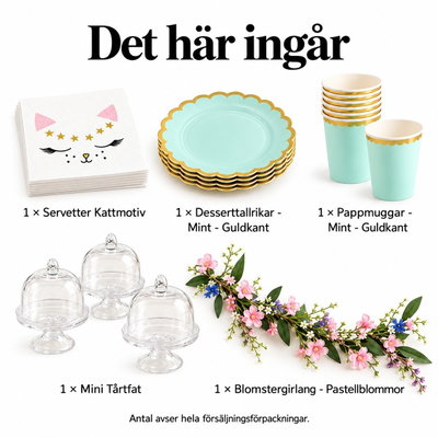 Kattälskarens fikamöte för sex – tassar runt kaffebordet – innehåll och antal försäljningsförpackningar