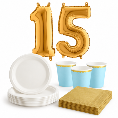 15-årskalas, Ljusblått och guld, kalaspaket, 6 gäster – paketets innehåll