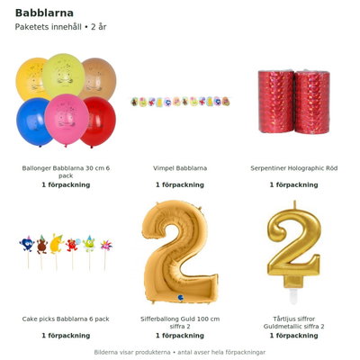 Babblarna – 2-årskalas – dekorationspaket – innehåll och antal