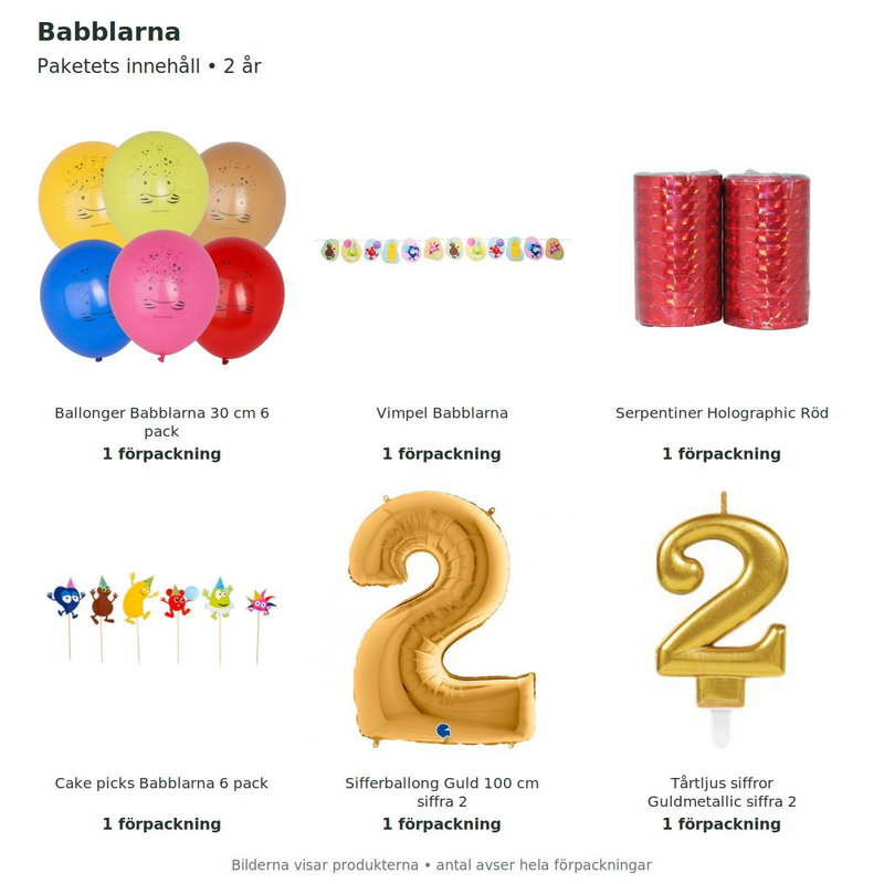 Babblarna – 2-årskalas – dekorationspaket – innehåll och antal