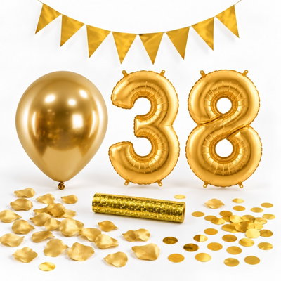 38-års festpaket, Guld, Stor – paketets dekorationer på vit bakgrund