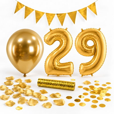 29-års festpaket, Guld, Stor – paketets dekorationer på vit bakgrund