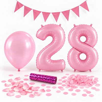 28-års festpaket, Rosa, Stor – paketets dekorationer på vit bakgrund