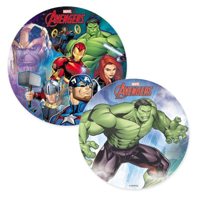 Avengers och Hulken, tårtpaket med två tårtbilder – paketets samlade innehåll